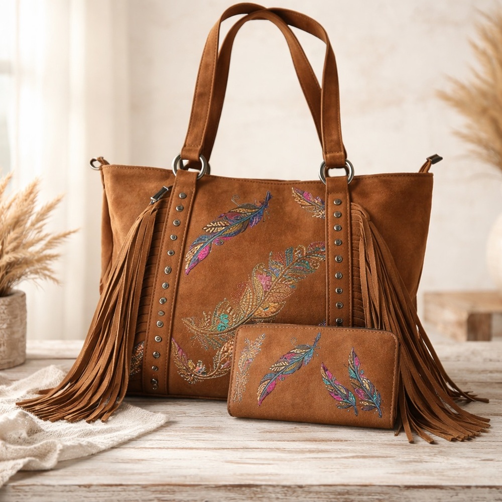 Montana West Fringe Tote Bag + Wallet Set Brown Boho Embroidered Concealed Carry